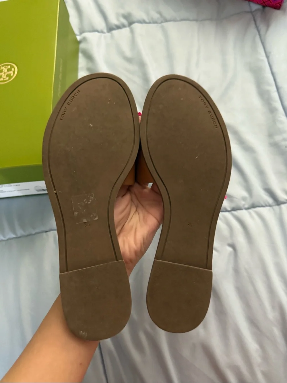 Tory Burch Tan Leather Logo Slide Sandals with Gold Emblem